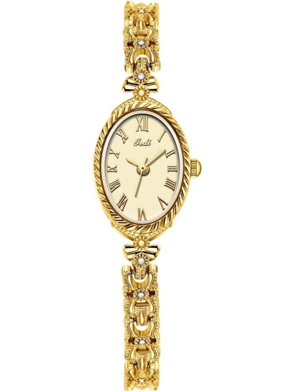 Women's Gold Analog Quartz Alloy Steel Oval Roman Numeral Number Bracelet Watch